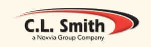 Logo of C.L. Smith, a Novvia Group Company. The design features bold black text with a swoosh in red, black, and gray accents above the name, set against a light background.