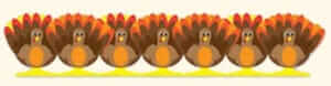 Illustration of seven cartoon turkeys in a row, each with colorful tail feathers in shades of red, orange, and yellow, and round bodies on a beige background.
