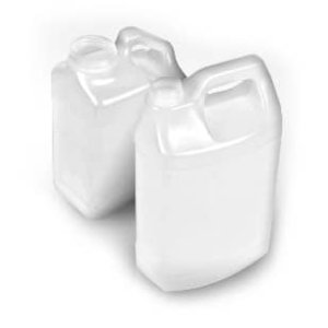 Two F Style white plastic jugs with handles and open spouts, resembling industrial square bottles, are set against a pristine white background.