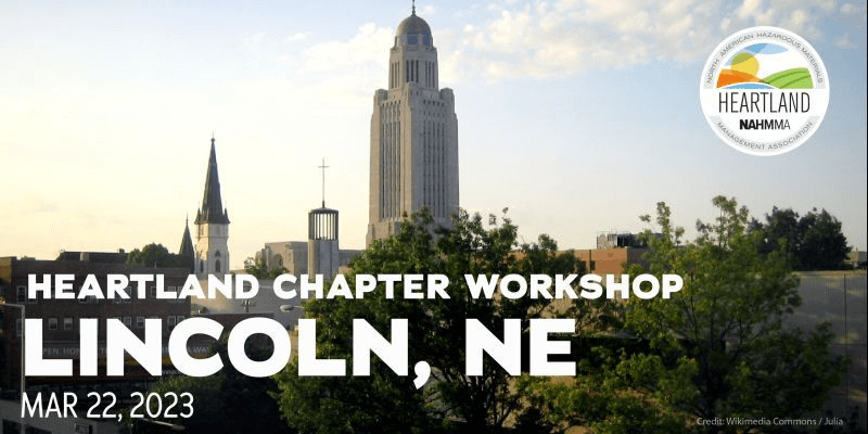 Skyline of Lincoln, NE, with the Nebraska State Capitol building. Text reads: 