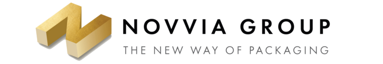 Logo for Novvia Group. It features a stylized gold "N" followed by the text "NOVVIA GROUP" in uppercase letters, with the tagline "THE NEW WAY OF STEEL DRUM PACKAGING" beneath it.