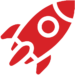 Red rocket icon with a simplified design, featuring a circular window and three fins. The rocket is angled diagonally upward, suggesting motion or launch.