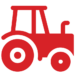 Red tractor icon on a white background, featuring a side profile design with a large rear wheel, a smaller front wheel, and a rectangular cab.
