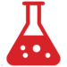 Red silhouette of a laboratory flask filled with liquid, containing three black circles representing bubbles.