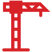 Red silhouette of a tower crane, featuring a vertical base and horizontal arm with a hook. The simplistic design lacks detailed textures or background, emphasizing the shape and structure of the crane against a plain white backdrop.