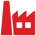 Red factory icon with a tall chimney on the left and three peaked rooftops on the right, with two square windows below the rooftops.