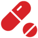 Red icon depicting a capsule and a tablet, both diagonally oriented. The capsule is split, with one half larger than the other, and the tablet is positioned below, slightly to the right. The background is white.