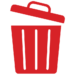 Red icon of a trash can with a tilted lid and vertical slits on the body, symbolizing deletion or removal.