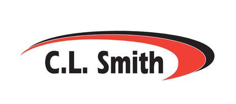 cls-no-tagline Logo featuring the text "C.L. Smith" in bold black letters. A swoosh design in red and black arcs above and below the text, giving a dynamic look. The background is white.