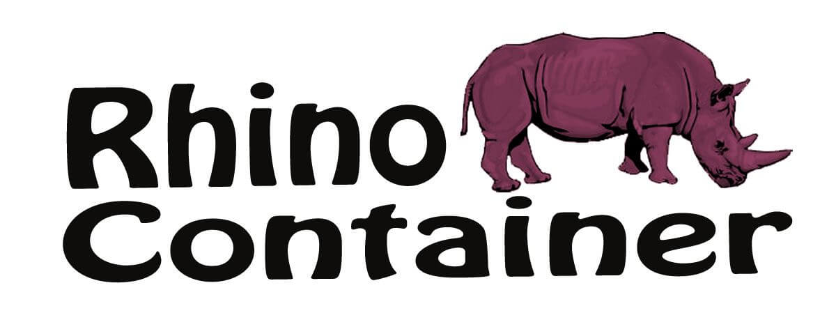 rhino-no-tagline Logo featuring the text "Rhino Container" in bold, playful font. Next to the text, there is an illustration of a purple rhinoceros facing right and grazing. The design is set against a plain white background.