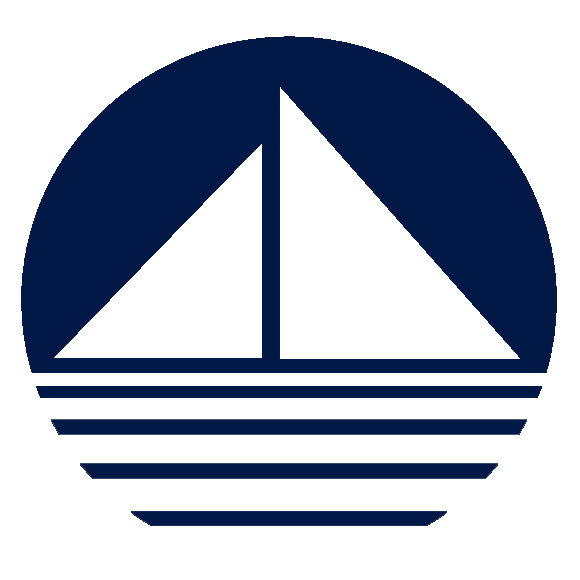 A dark blue circle with a minimalist sailboat design inside, reminiscent of Ocean State Packaging's aquatic theme. The sailboat is formed by two triangular sails and a vertical line for the mast, while the lower part features horizontal lines resembling waves.
