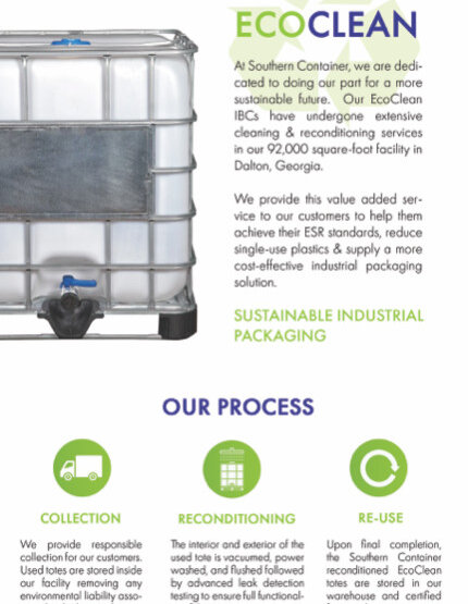 An advertisement for Southern Container, LLC showcases their EcoClean services. It features images of a large industrial container, highlights sustainable packaging solutions, and outlines steps for collection, reconditioning, and reuse. Contact info included.