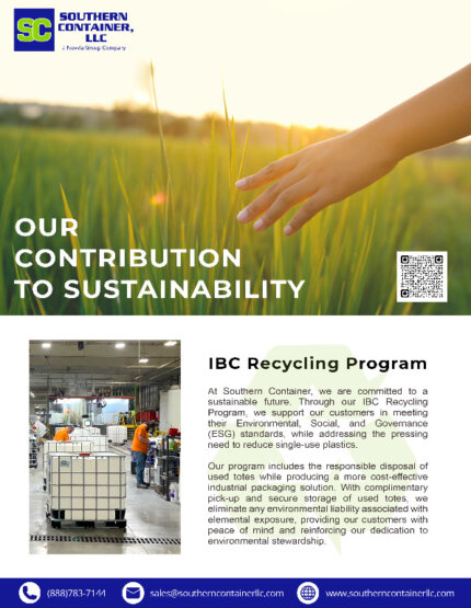 A flyer titled "Our Contribution to Sustainability" promotes an IBC Recycling Program by Southern Container, LLC. It features a hand touching a wheat field and an image of a recycling facility, emphasizing eco-friendly initiatives. Contact details are included.