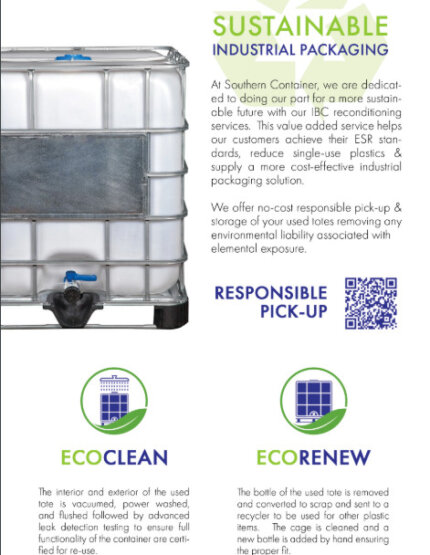An advertisement for Southern Container, LLC, promoting sustainable industrial packaging. Features a large container image, QR code, and sections titled "Responsible Pick-Up," "Eco Clean," and "Eco Renew." Company contact details are included at the bottom.