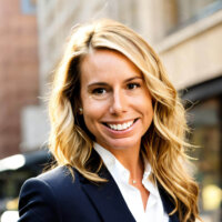 Smiling woman with long blonde hair wearing a dark blazer and white shirt. She is standing outdoors in an urban area with blurred buildings in the background, in bright, natural light.