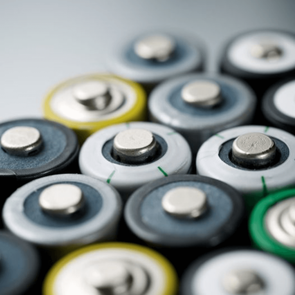 Close-up image of several alkaline batteries viewed from the top. The batteries have different colored bands, including yellow, black, white, and green, surrounding the metallic tops.