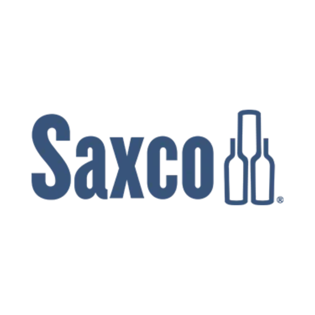 The Saxco logo features the brand name in elegant blue text against a pristine white background, complemented by a design of three abstract bottle shapes on the right.