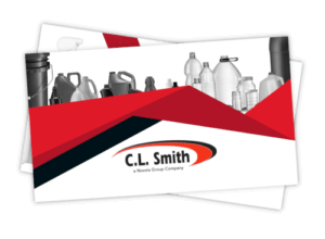 A brochure cover featuring an arrangement of various plastic bottles and containers above abstract red and black geometric shapes. The text "C.L. Smith, a Novvia Group Company" is prominently displayed in the center.