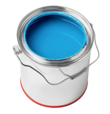 An open metal paint can filled with bright blue paint. The can has a metal handle and a red bottom rim, and is viewed from above.