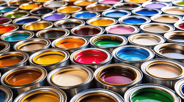 Open paint cans arranged closely, showcasing a variety of vibrant colors such as blue, red, yellow, green, and more. The cans are neatly organized in rows, creating a colorful and artistic pattern.