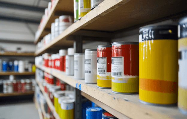 Shelves filled with various colorful paint cans, including red, white, and yellow, are arranged neatly in a storage area. Each can has a label with barcodes and text, set in a bright, well-lit space.