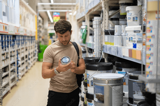 Man in a beige t-shirt examines a can of paint in a store aisle filled with buckets and cans. He carries a black bag over one shoulder. Multiple shelves with various paint supplies are visible in the background.