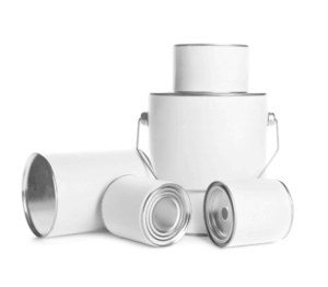A group of blank, white paint cans are arranged on a white background. One can is upright with a handle, two smaller cans are stacked on top of it, and two cans lie on their sides in the foreground.