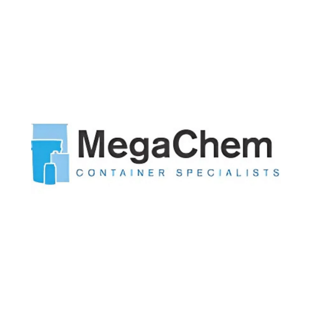 Logo for MegaChem Container Specialists, featuring the company name in bold black text. On the left, Saxco-styled icons display a large blue container and a smaller white bottle. Below, 